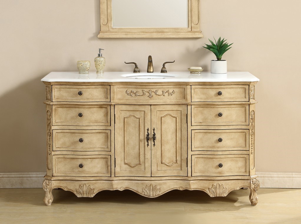 60 inch Adelina Single Bathroom Vanity In Antique Beige with Ivory White Marble