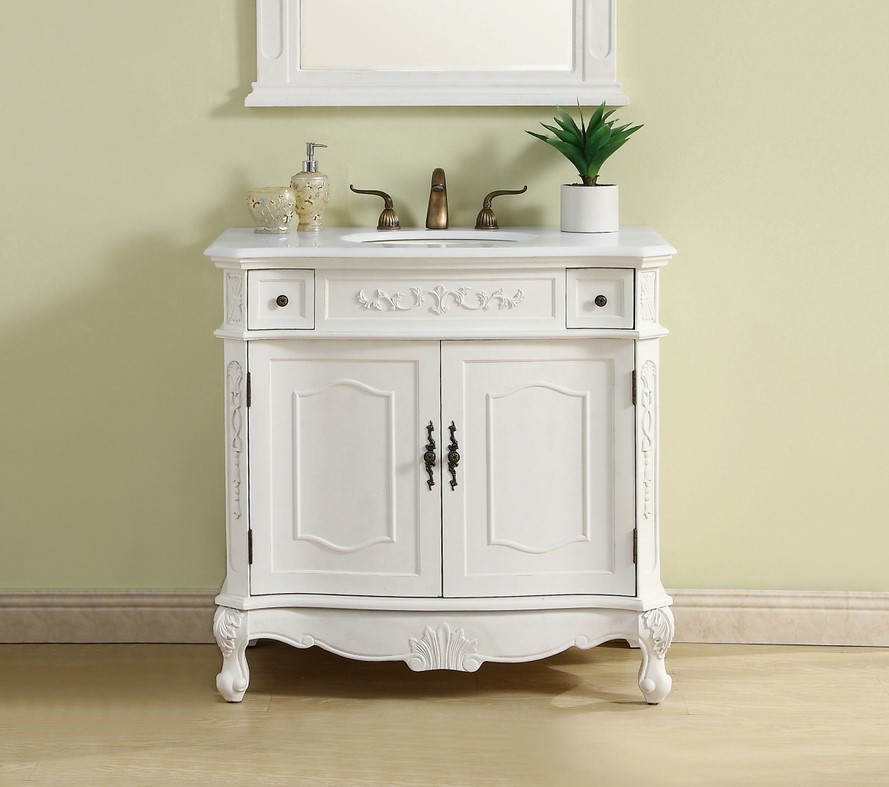 36 inch Adelina Single Bathroom Vanity in Antique White with Ivory White Marble