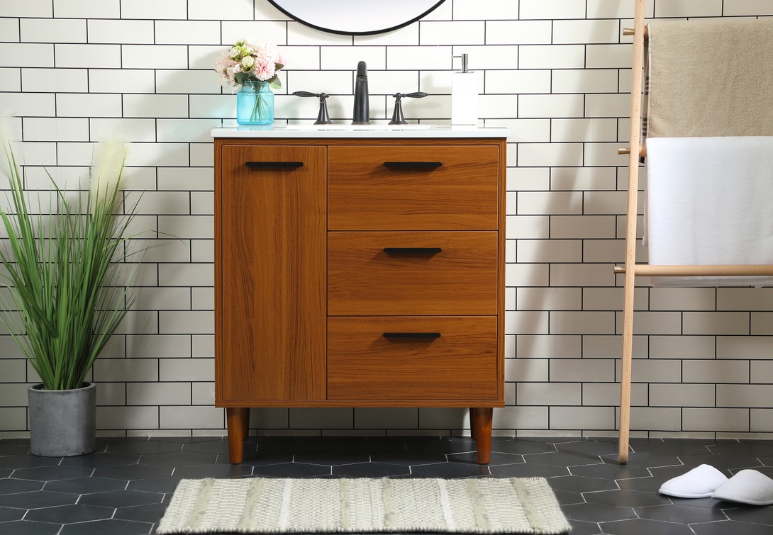 30 inch Modern Fitting Bathroom Vanity in Teak with Backsplash Option