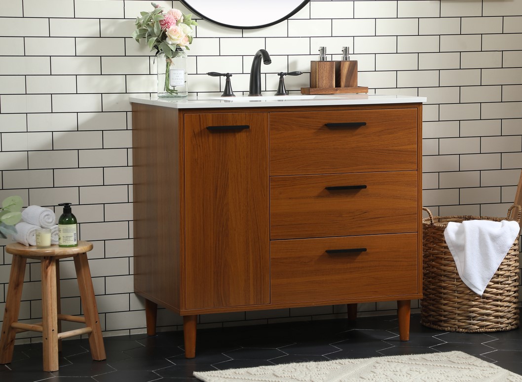 36 inch Modern Fitting Bathroom Vanity in Teak with Backsplash Option