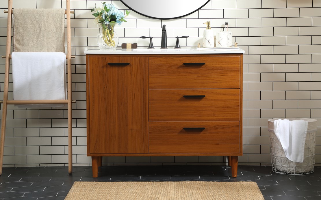 42 inch Modern Fitting Bathroom Vanity in Teak with Backsplash Option