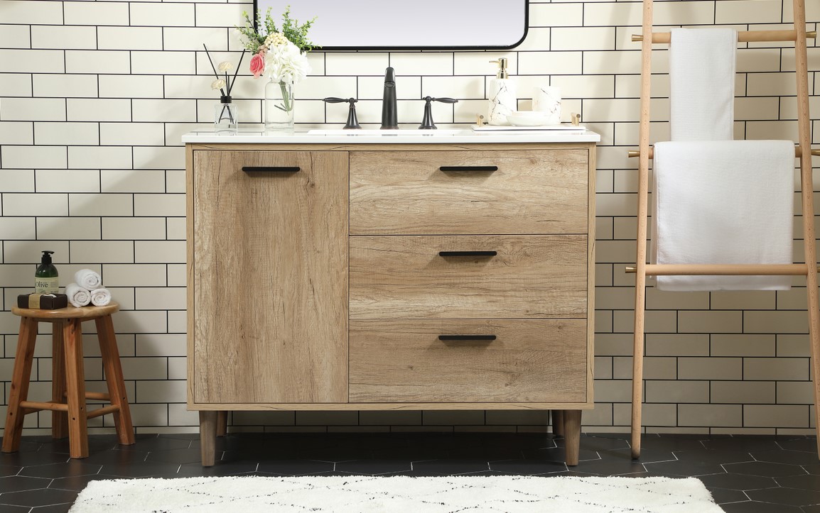 42 inch Modern Fitting Single Bathroom Vanity in Natural Oak with Backsplash Option