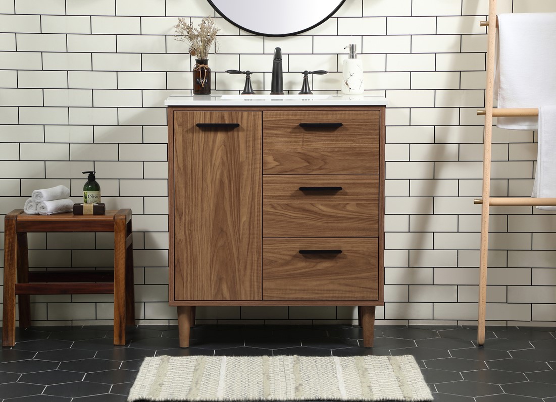 30 inch Modern Fitting Single Bathroom Vanity in Walnut Brown with Backsplash Option