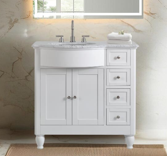 38-inch Carrara White Marble Top Single Sink on Left Side Bathroom Vanity in White