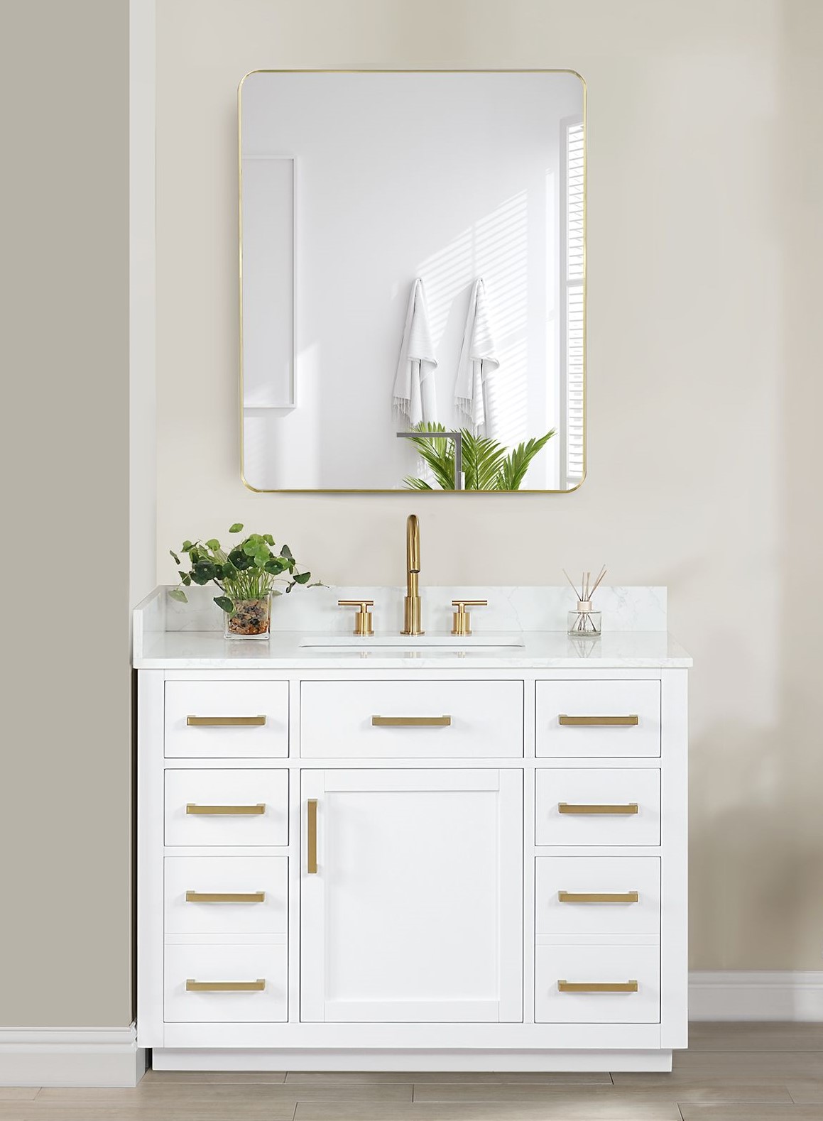 Issac Edwards 42" Single Bathroom Vanity in White with Grain White Composite Stone Countertop with Mirror