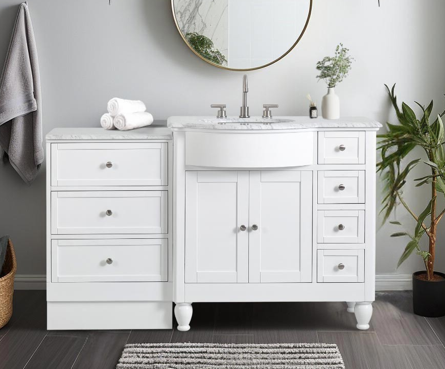 58-inch Carrara White Marble Top Single Sink on Left Side Bathroom Vanity in White