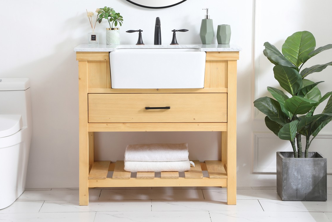 36 inch Single Bathroom Vanity in Natural Wood with Backsplash Options