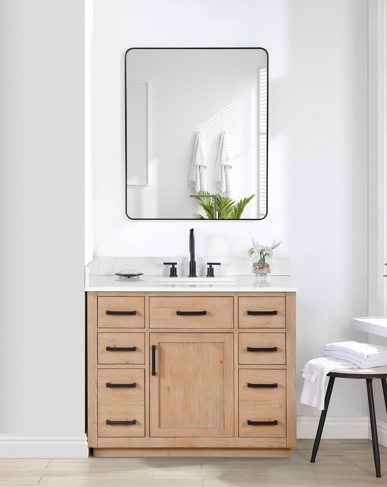 Issac Edwards 42" Single Bathroom Vanity in Light Brown with Grain White Composite Stone Countertop with Mirror