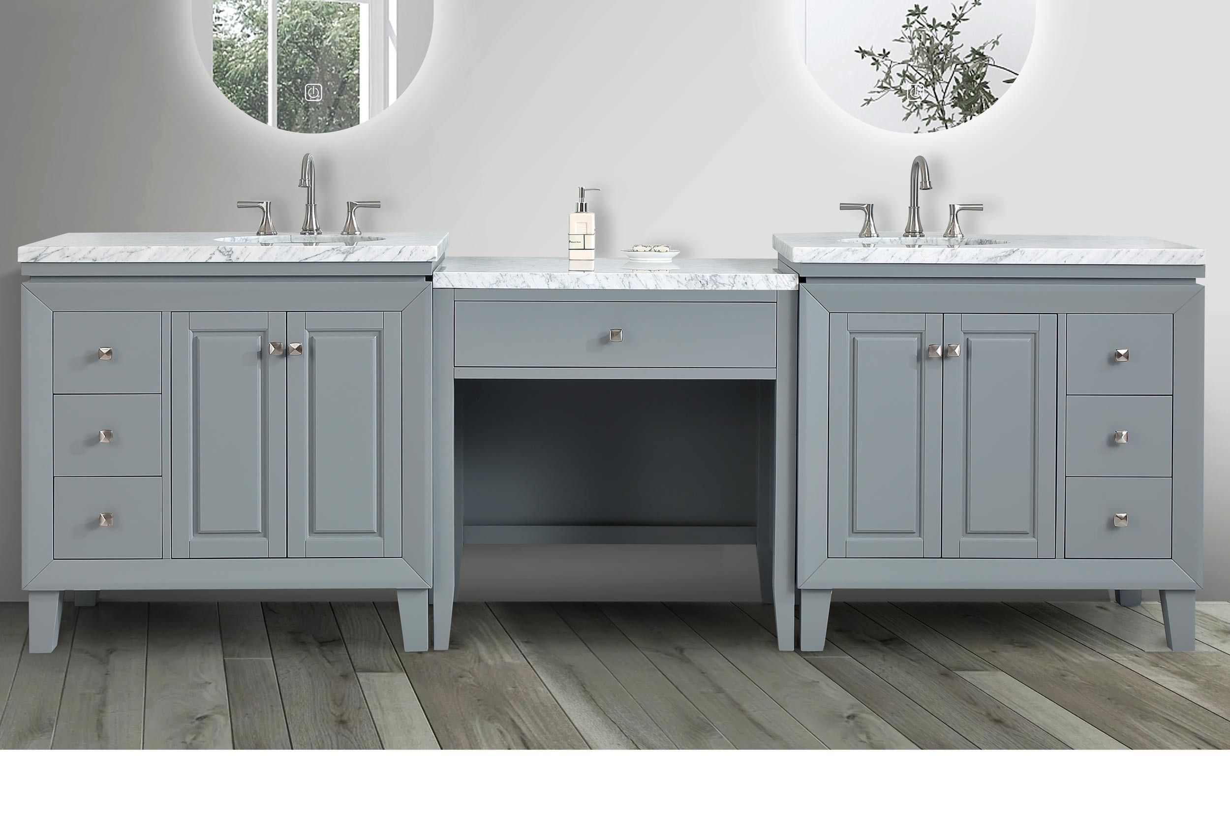 103-inch Carrara White Marble Top Double Sink Bathroom Vanity in Gray