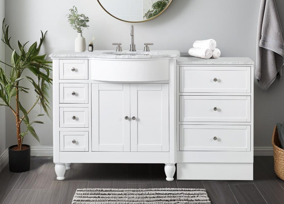 58-inch Carrara White Marble Top Single Sink on Right Side Bathroom Vanity in White