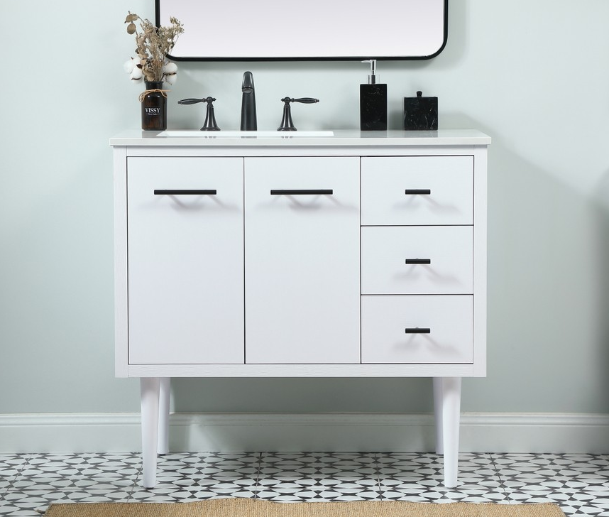 36 inch Single Bathroom Vanity in White with matching Backsplash Option