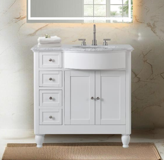 38-inch Carrara White Marble Top Single Sink on Right side Bathroom Vanity in White