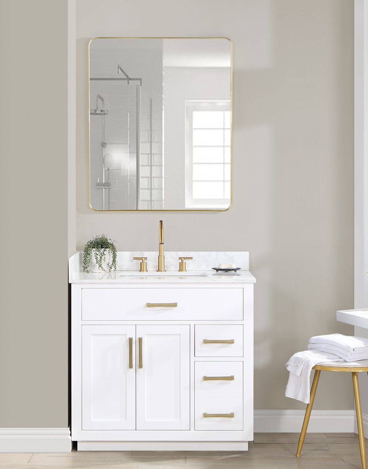 Issac Edwards 36" Single Bathroom Vanity in White with Grain White Composite Stone Countertop with Mirror