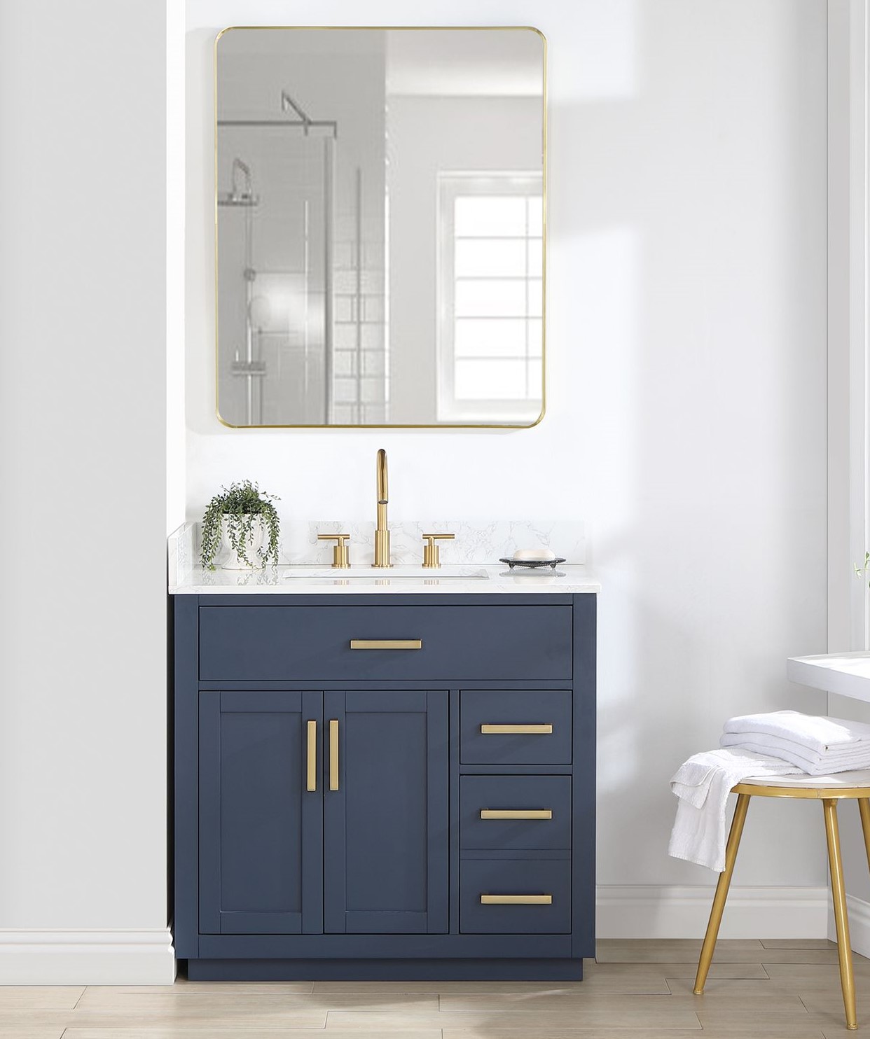 Issac Edwards 36" Single Bathroom Vanity in Royal Blue with Grain White Composite Stone Countertop with Mirror