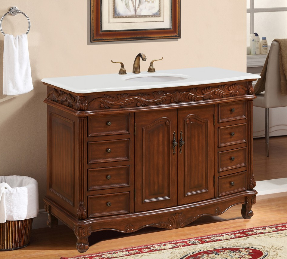 48 inch Single Bathroom Vanity in Teak Color with Ivory White Marble