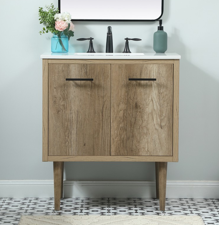 30 inch Single Bathroom Vanity in Natural Oak with matching Backsplash Option