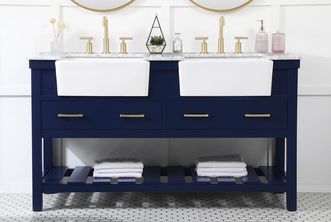 60 inch Double Bathroom Vanity in Blue with Three Finish Options