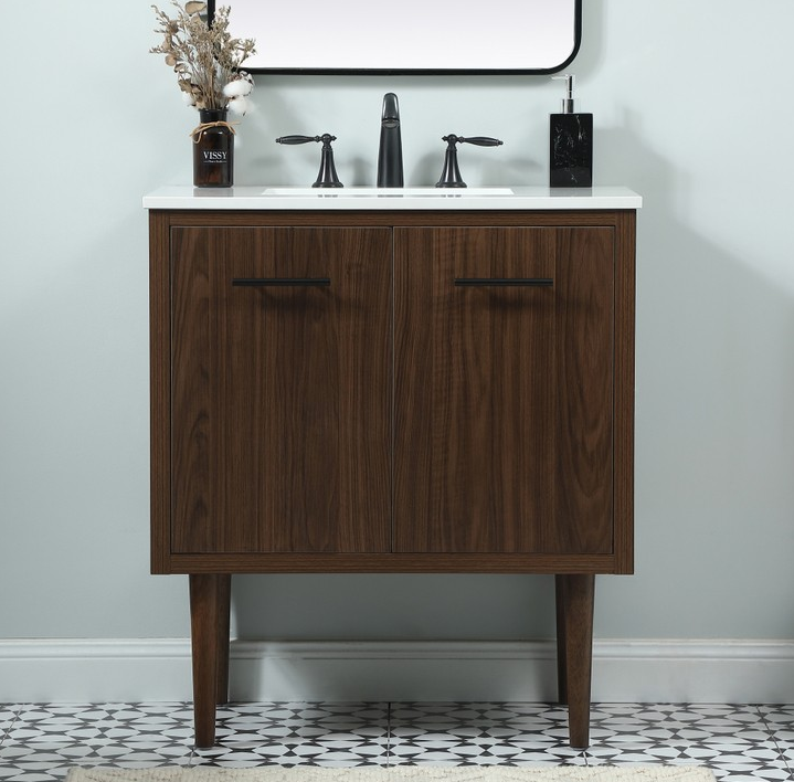 30 inch Single Bathroom Vanity in Walnut with matching Backsplash Option