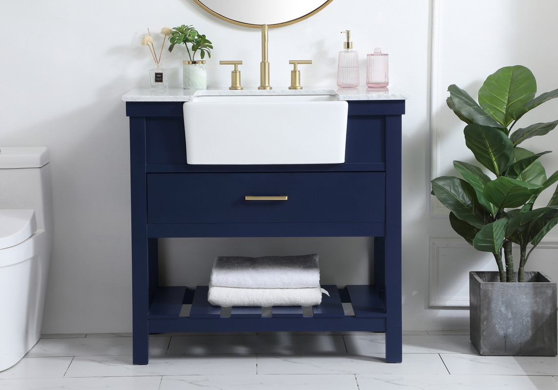 36 inch Single Bathroom Vanity in Blue with Three Finish Options and Backsplash Option