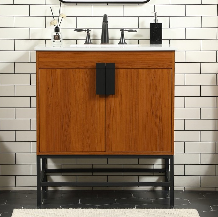 30 inch Single Bathroom Vanity in Teak Finish with backsplash Option