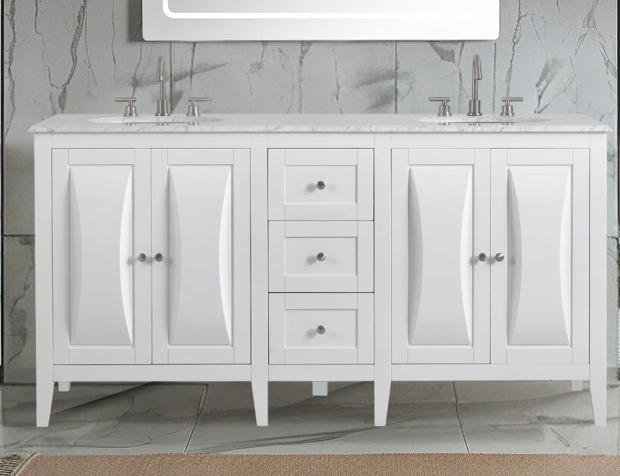 68-inch Carrara White Marble Top Double Sink Bathroom Vanity in White