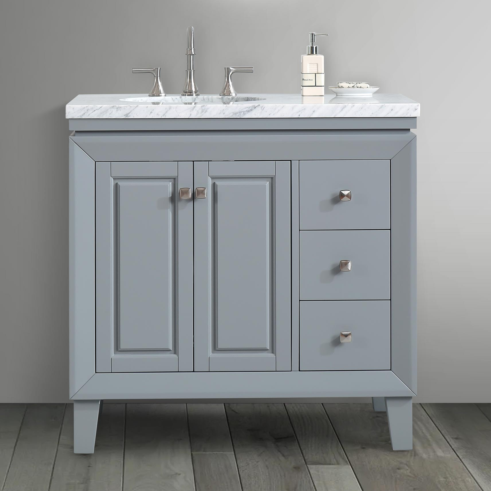 36-inch Carrara White Marble Top Single Sink on Left Side Bathroom Vanity in Gray