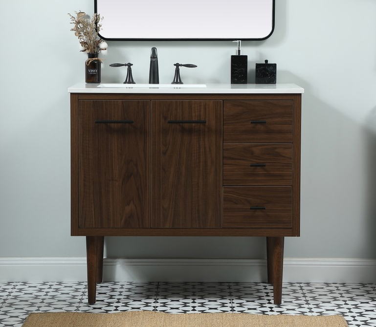 36 inch Single Bathroom Vanity in Walnut with matching Backsplash Option