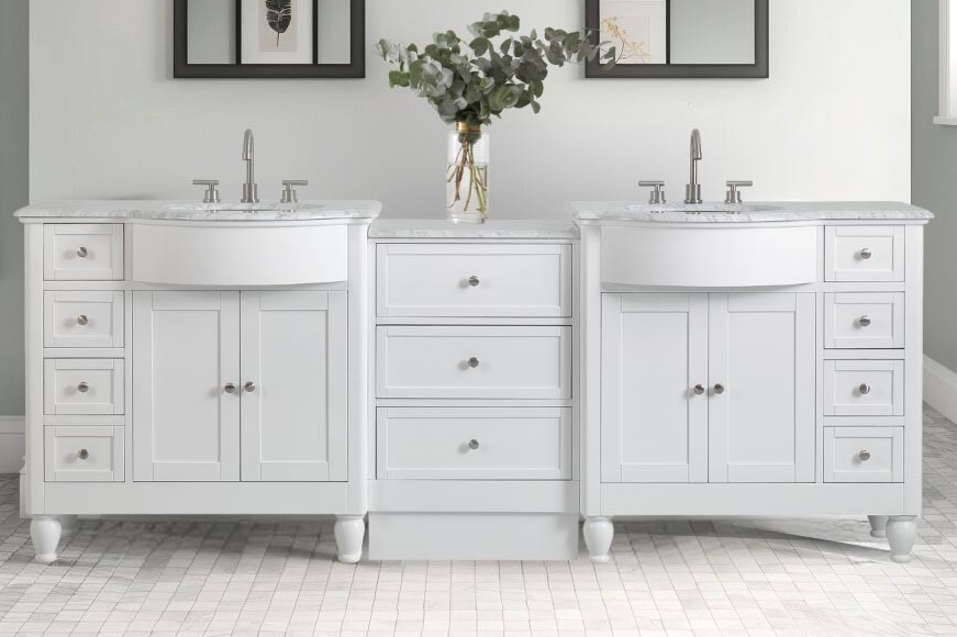 95-inch Carrara White Marble Top Double Sink Bathroom Vanity in White