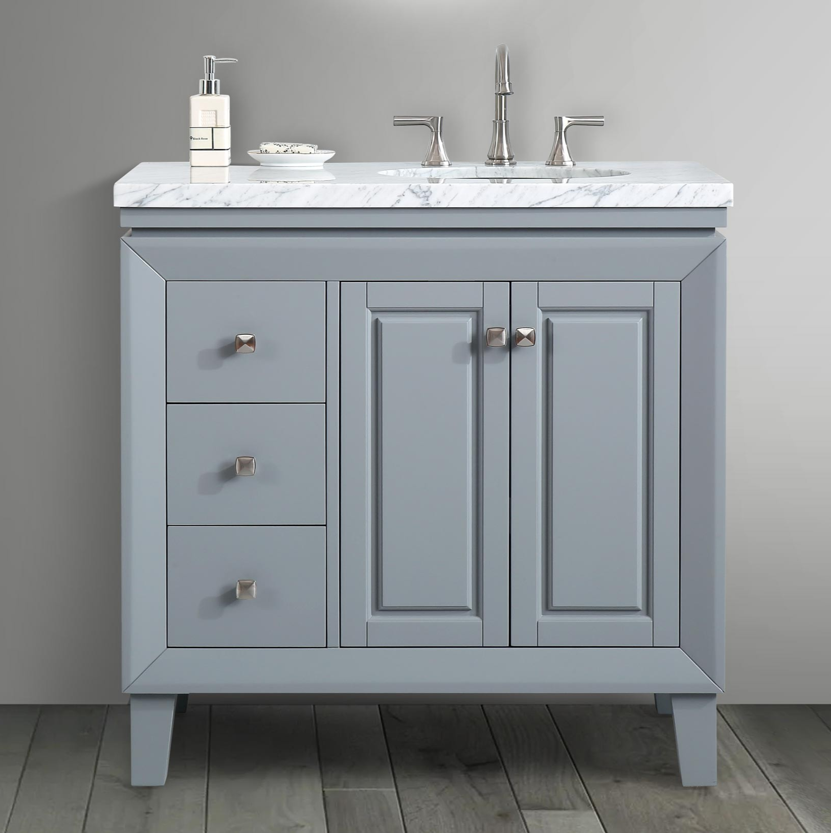 36-inch Carrara White Marble Top Single Sink on Right Side Bathroom Vanity in Gray