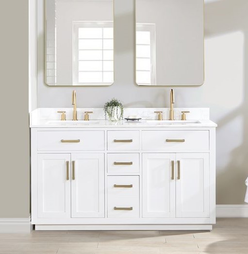 Issac Edwards 60" Double Bathroom Vanity in White with Grain White Composite Stone Countertop with Mirror