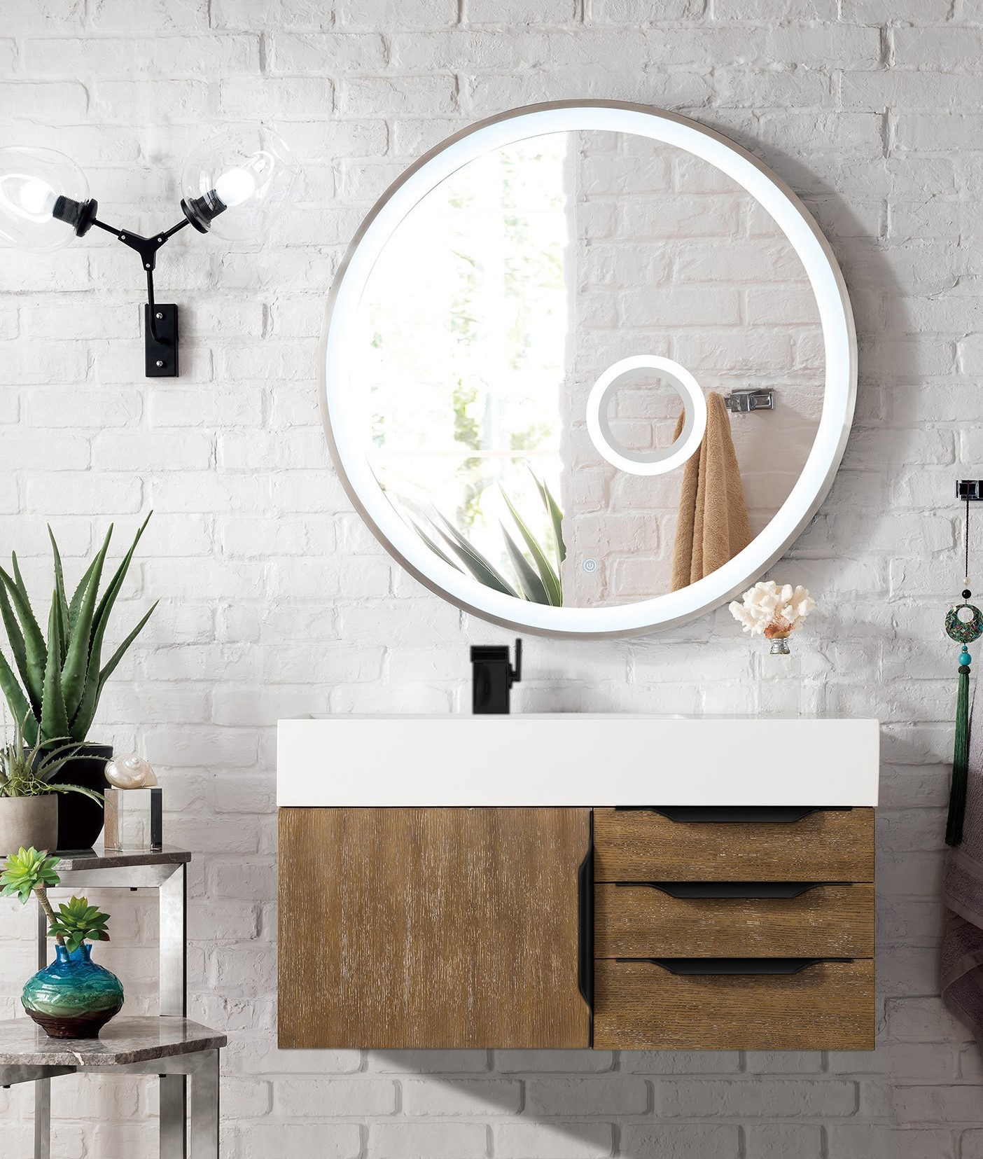 James Martin Columbia 36" Single Wall Mount Vanity, Latte Oak w/ Glossy White Composite Stone Top and Hardware Finish Options