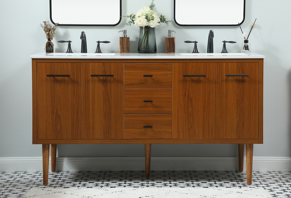 60 inch Double Bathroom Vanity in Teak Finish