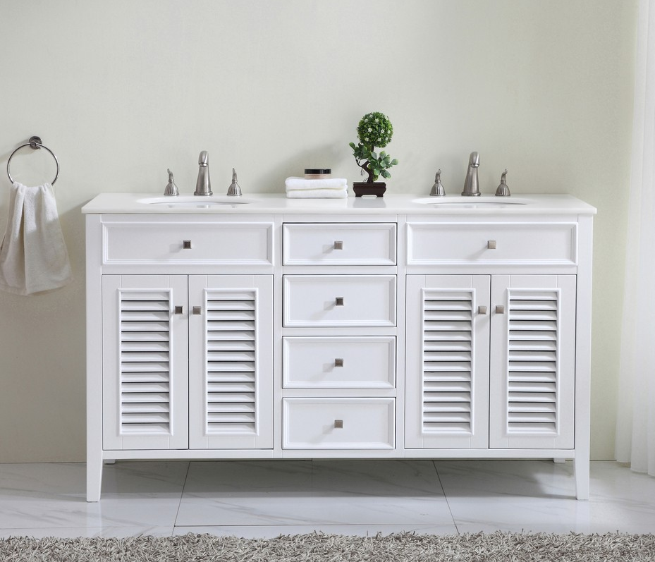 60 inch Double Bathroom Vanity in White with Ivory White Marble