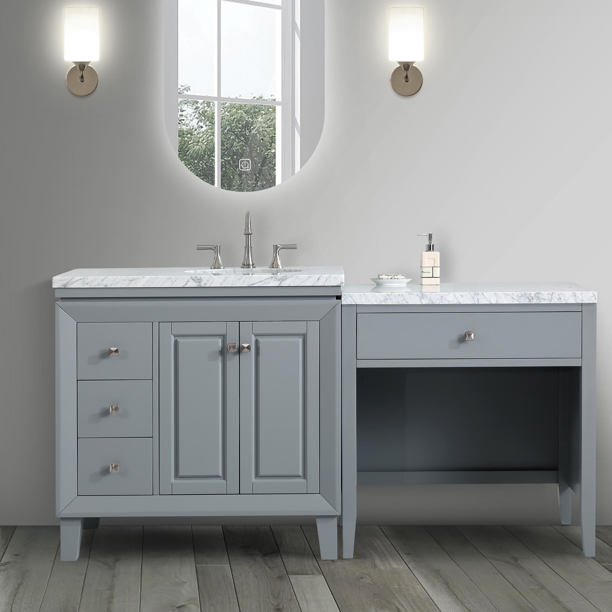 67-inch Carrara White Marble Top Single Sink on Right Side Bathroom Vanity in Gray