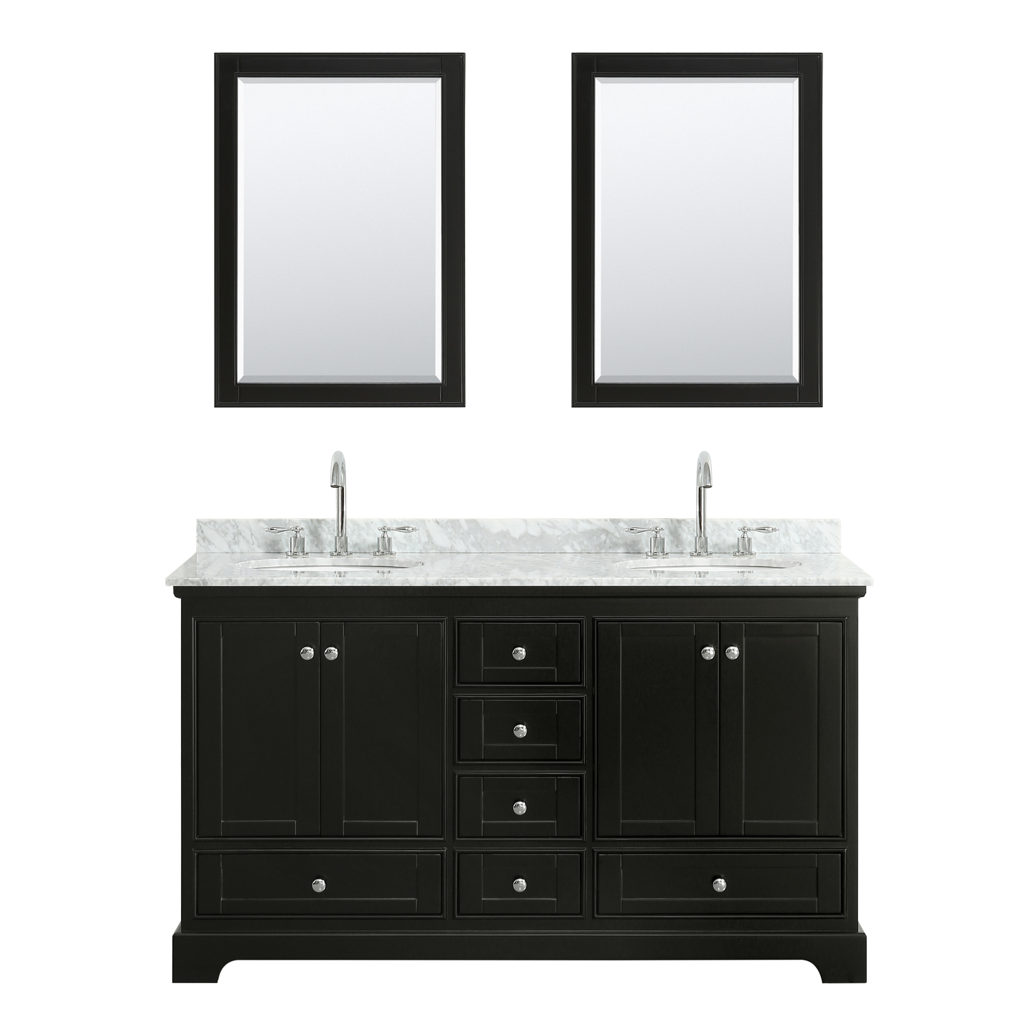 60" Double Bathroom Vanity in White Carrara Marble Countertop with Undermount Porcelain Sinks, Medicine Cabinet, Mirror and Color Options