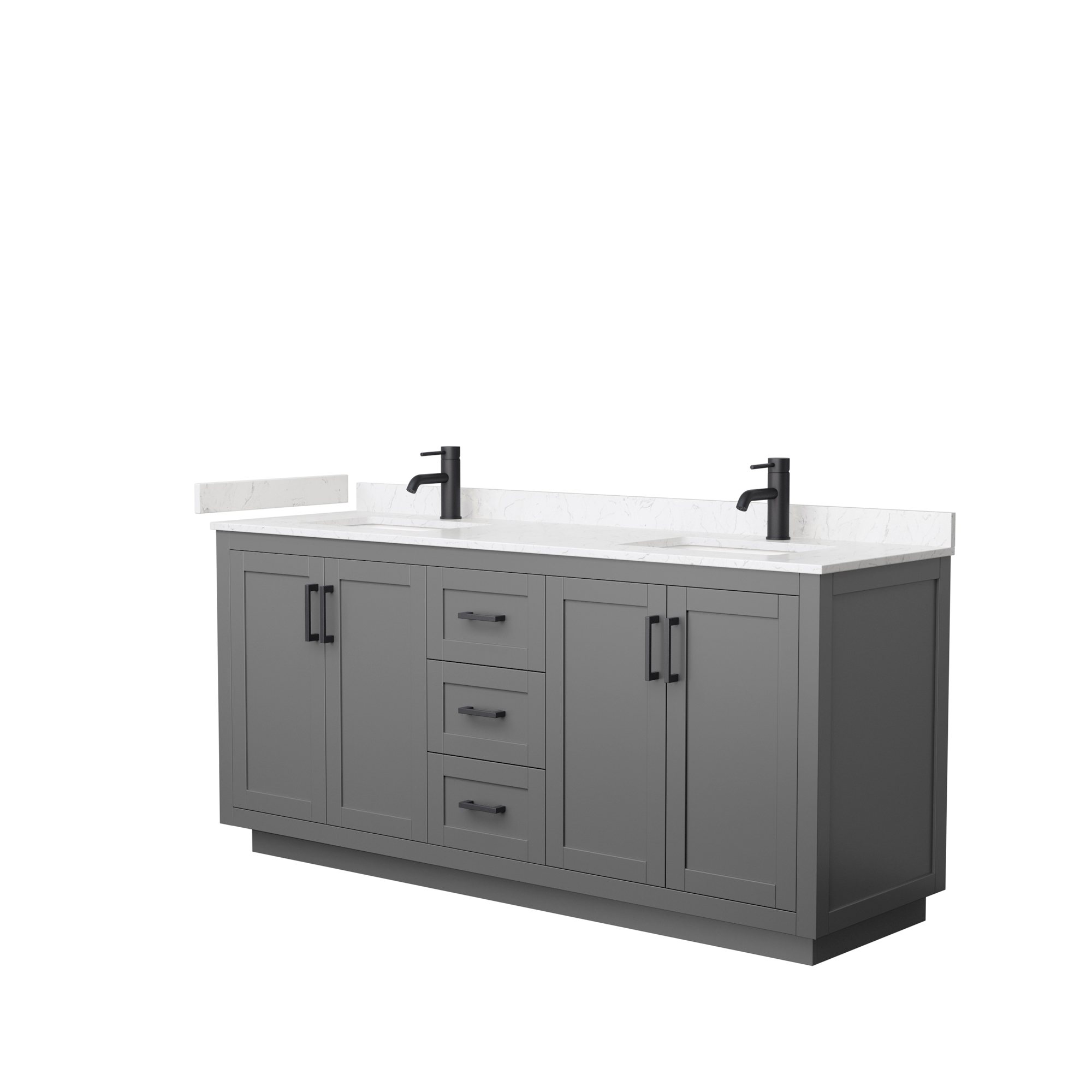 72" Double Bathroom Vanity in Dark Gray, Light-Vein Carrara Cultured Marble Countertop, Undermount Square Sinks, Matte Black Trim