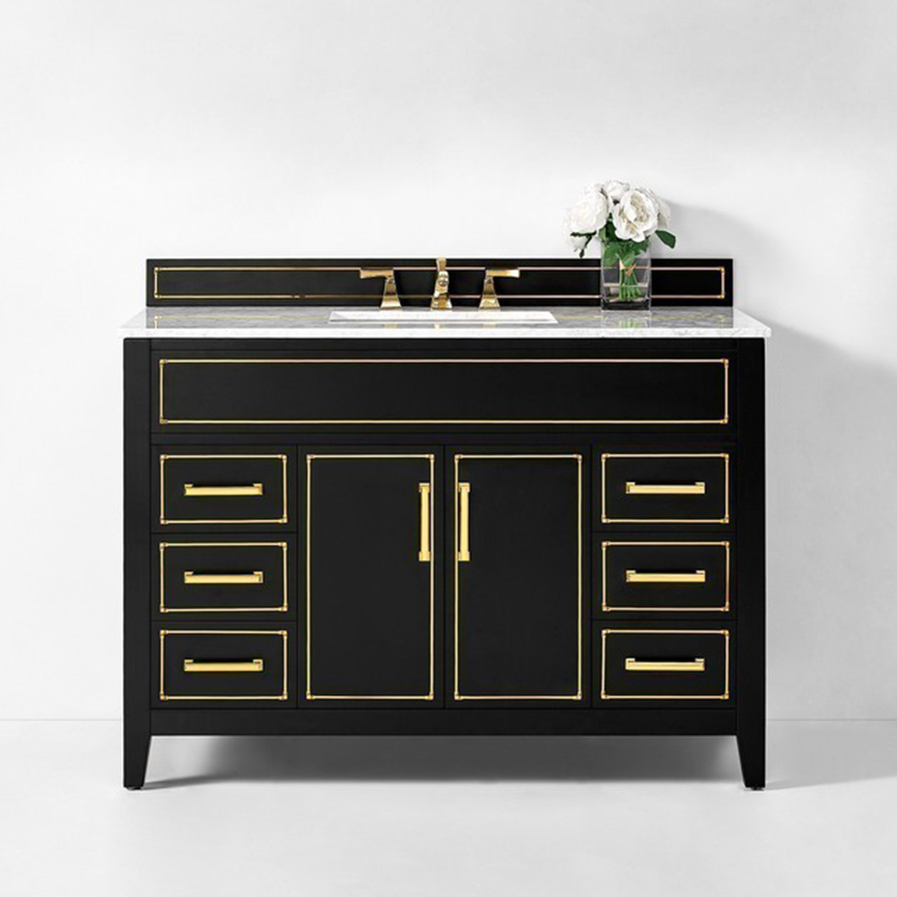 48" Bath Vanity Set in Black Onyx with Italian Carrara White Marble Vanity top and White Undermount Basin with Gold Hardware