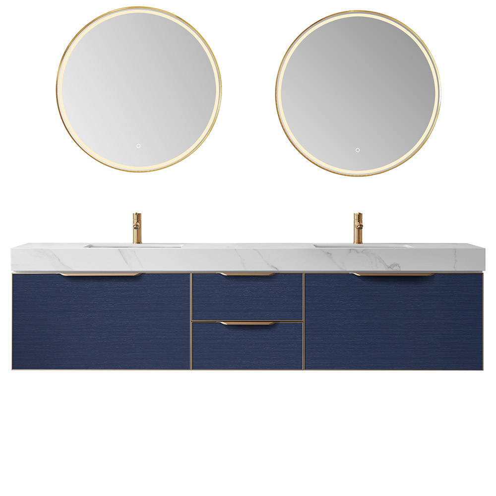 84" Double Sink Bath Vanity in Blue with WhiteSintered Stone Top 