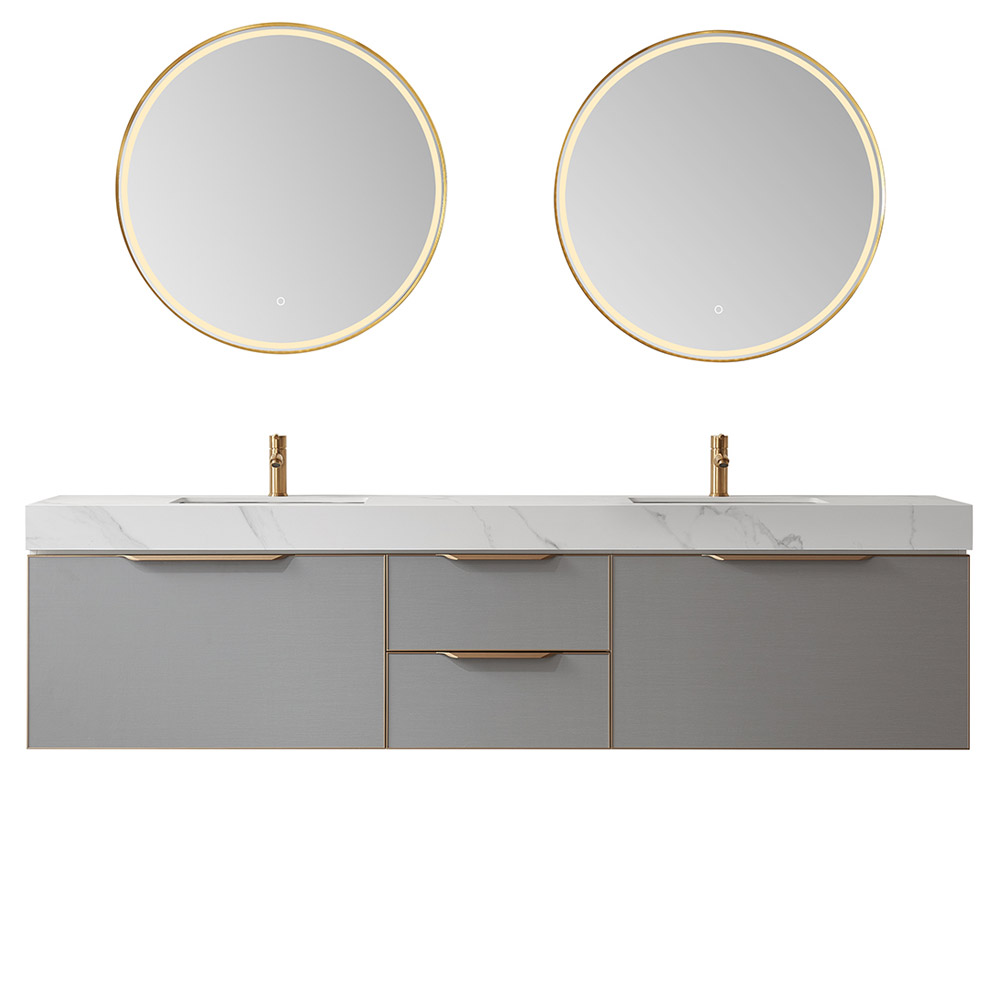 84" Double Sink Bath Vanity in Grey with WhiteSintered Stone Top 