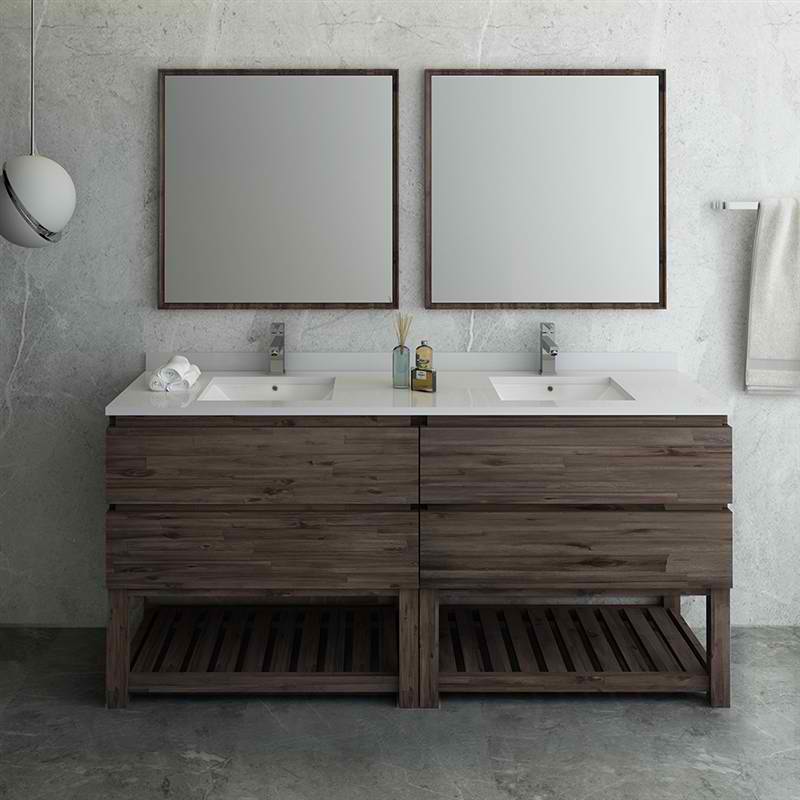 72" Floor Standing Double Sink Modern Bathroom Vanity w/ Open Bottom & Mirrors