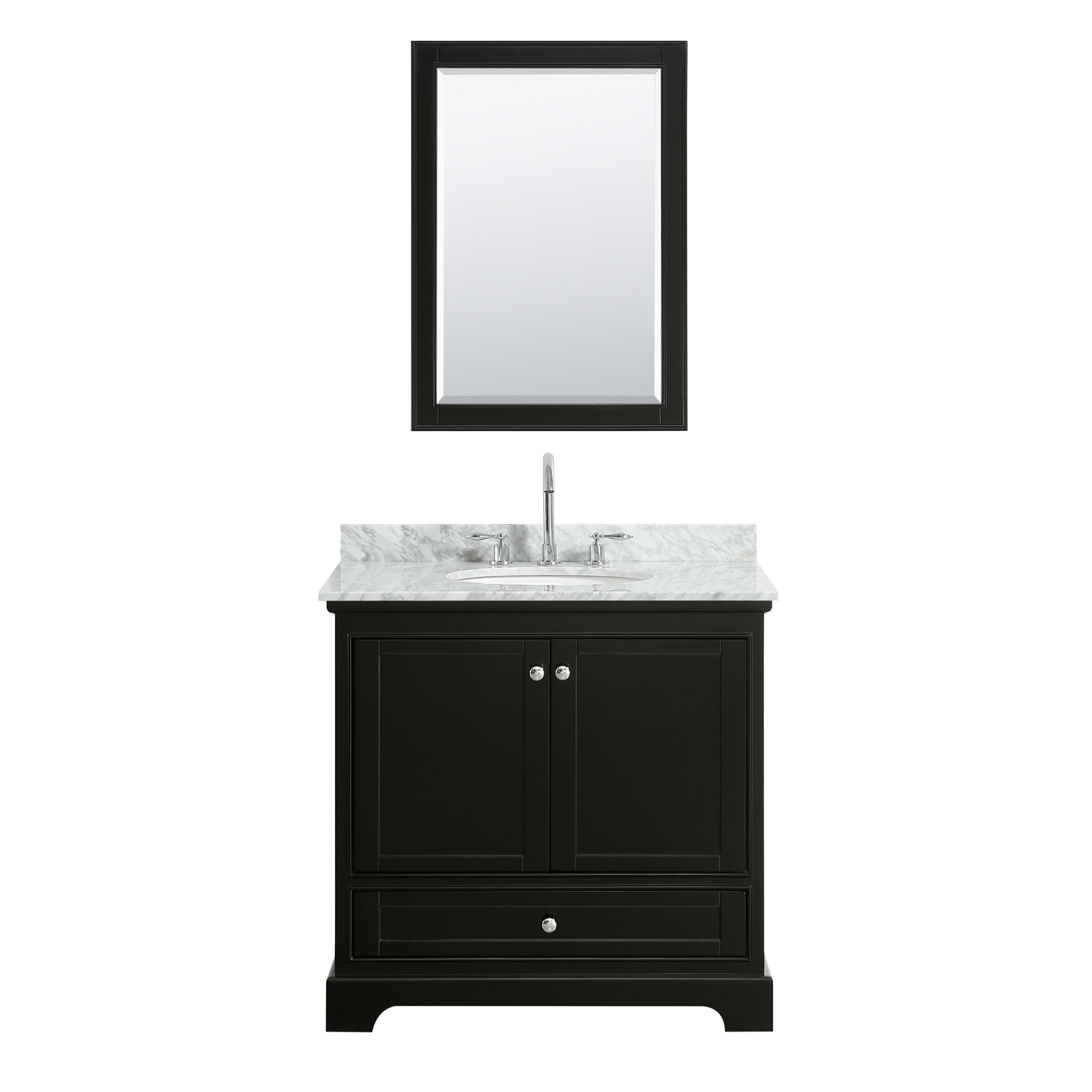 36" Single Bathroom Vanity in White Carrara Marble Countertop with Undermount Porcelain Sink, Medicine Cabinet, Mirror and Color Options