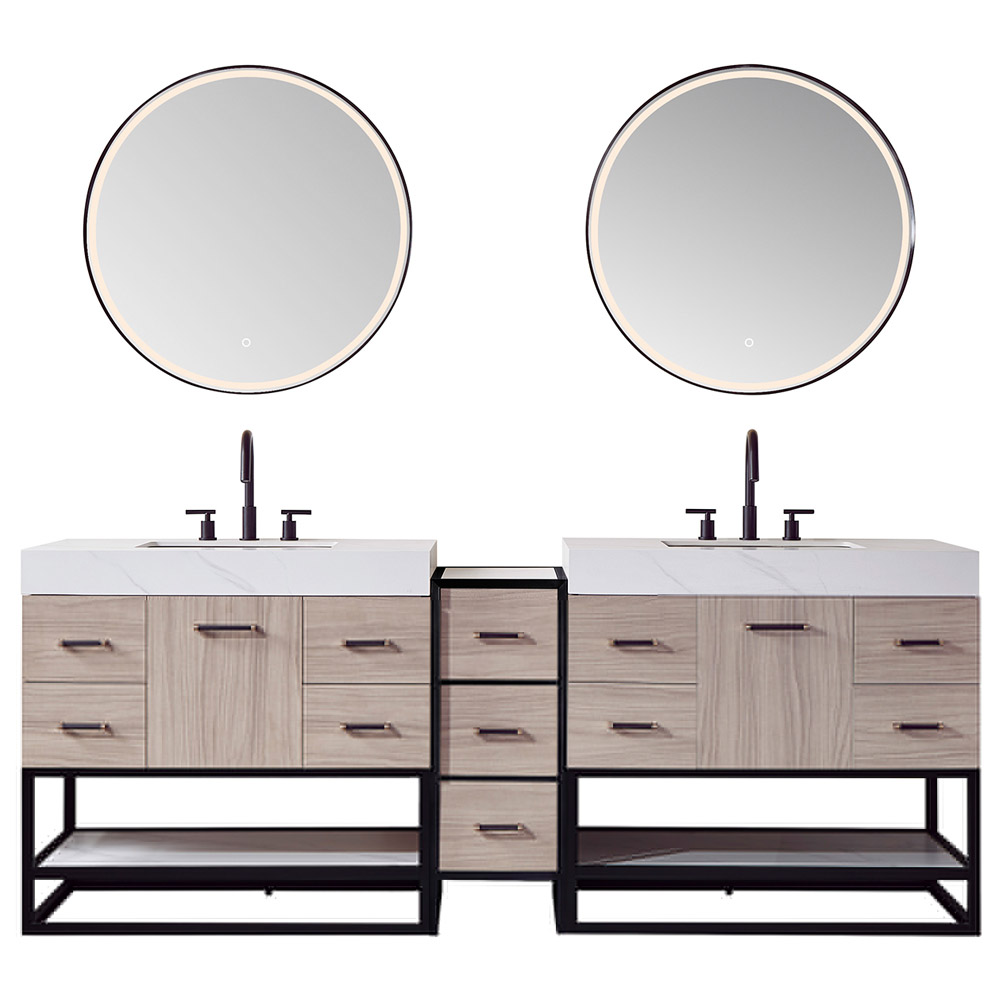 84" Double Sink Bath Vanity in Light Walnut with WhiteSintered Stone Top