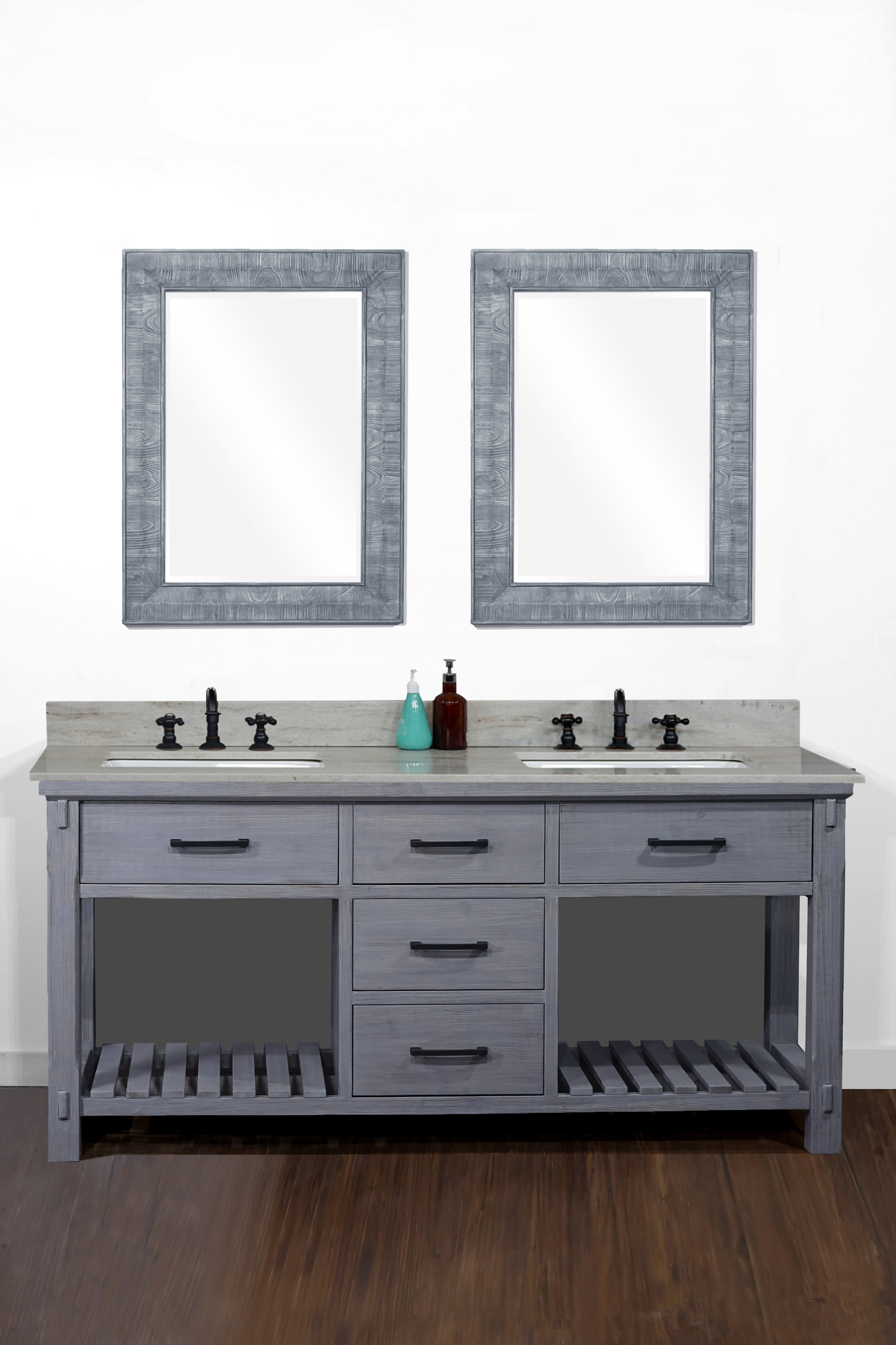 72" Rustic Solid Fir Double Sink Vanity in Blue Grey Driftwood - No Faucet with Countertop Options