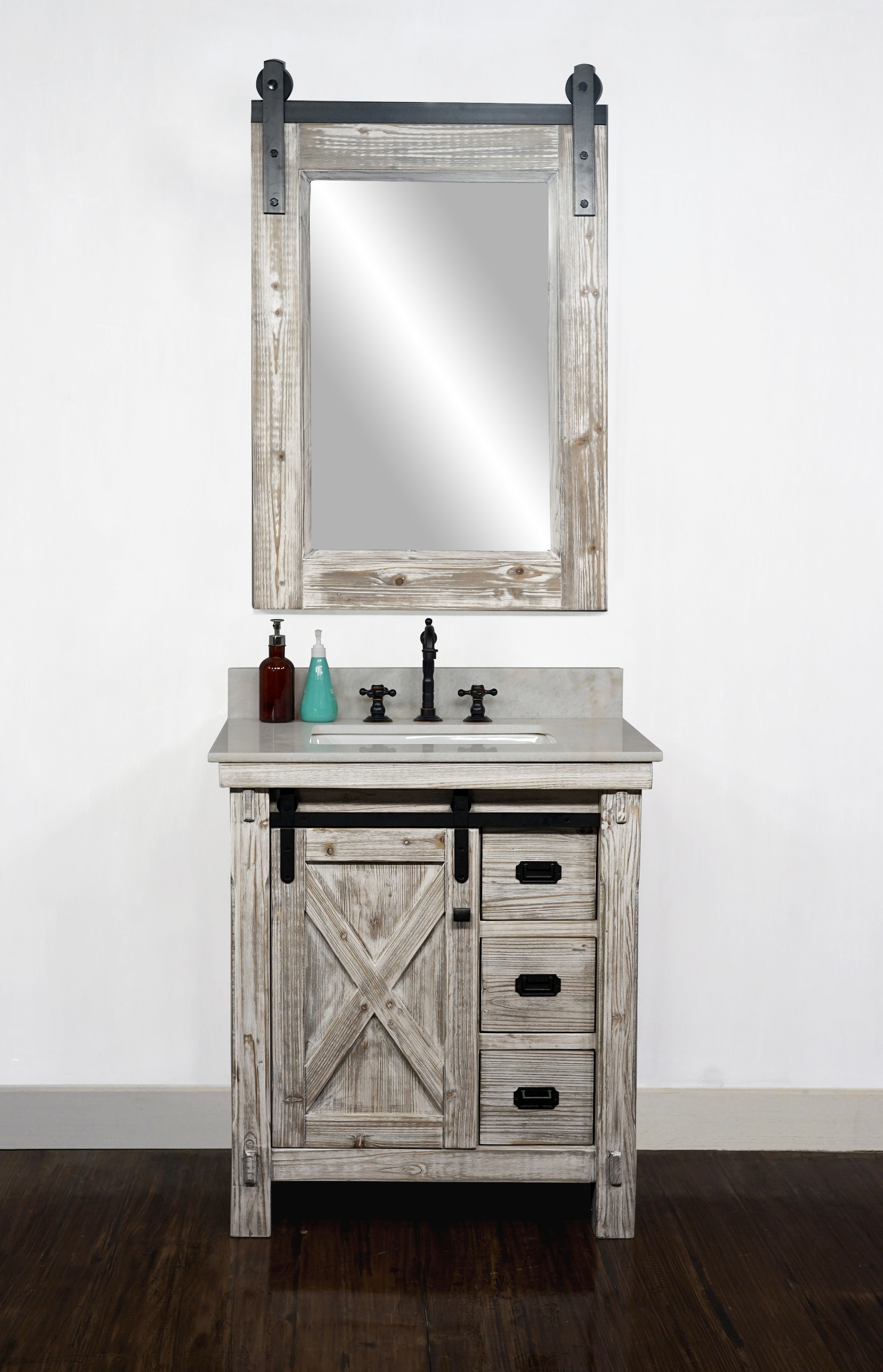 30" Rustic Solid Fir Barn Door Style Single Sink Vanity in White Washed - No Faucet with Countertop Options