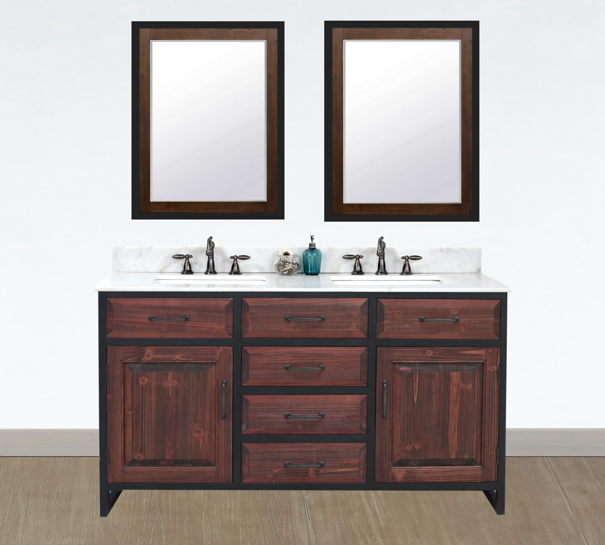 60" Rustic Solid Fir Double Sink with Iron Frame Vanity in Brown Driftwood - No Faucet with Countertop Options
