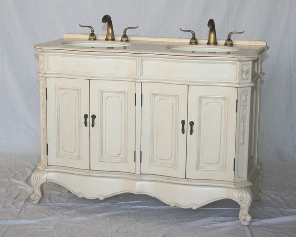 50" Adelina Antique Style Double Sink Bathroom Vanity in Antique White Finish with Beige Stone Countertop