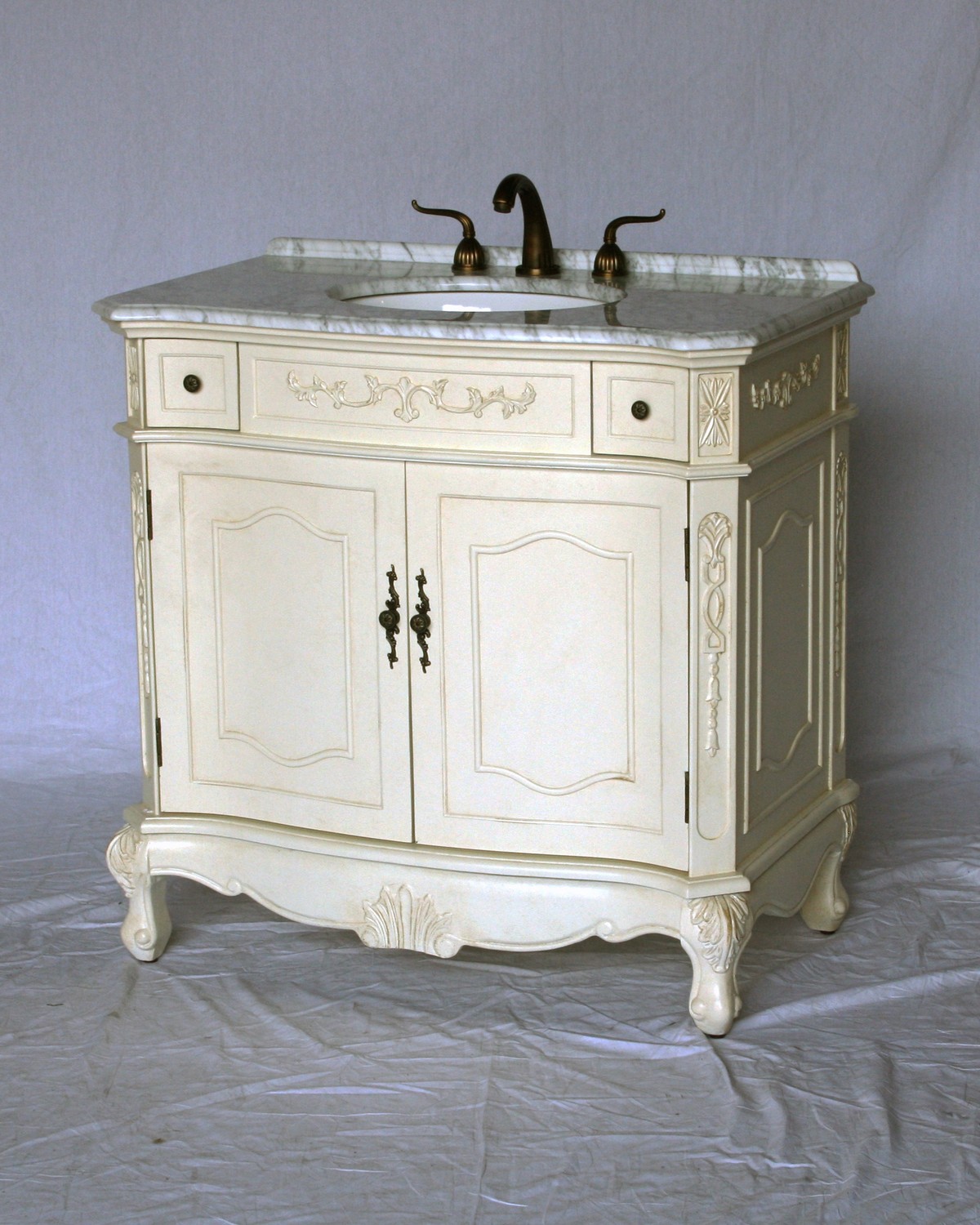 36" Adelina Antique Style Single Sink Bathroom Vanity in Antique White Finish with White Italian Carrara Marble Countertop