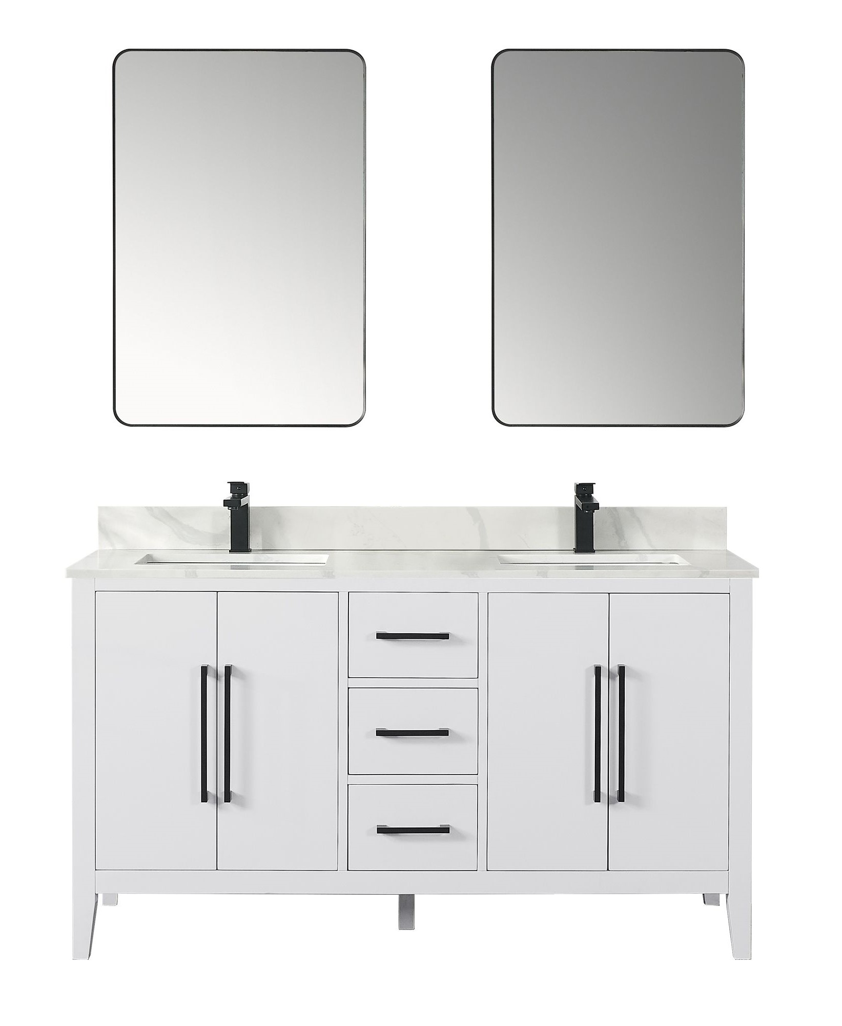 Issac Edwards 60" Double Bathroom Vanity in White with Calacatta White Quartz Stone Countertop with Mirror