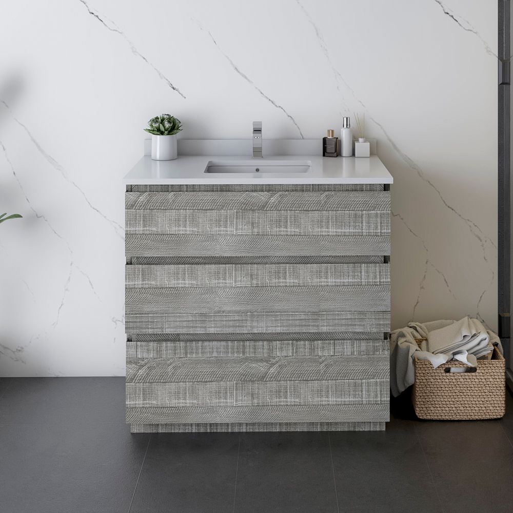 36" Floor Standing Modern Bathroom Cabinet w/ Top & Sink in Ash