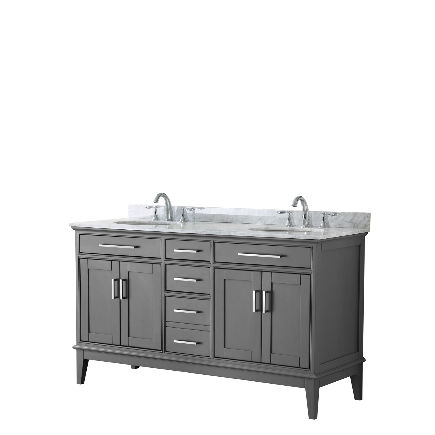 Contemporary 60" Double Bathroom Vanity in Dark Gray, White Carrara Marble Countertop with Undermount Sinks, and Mirror Options